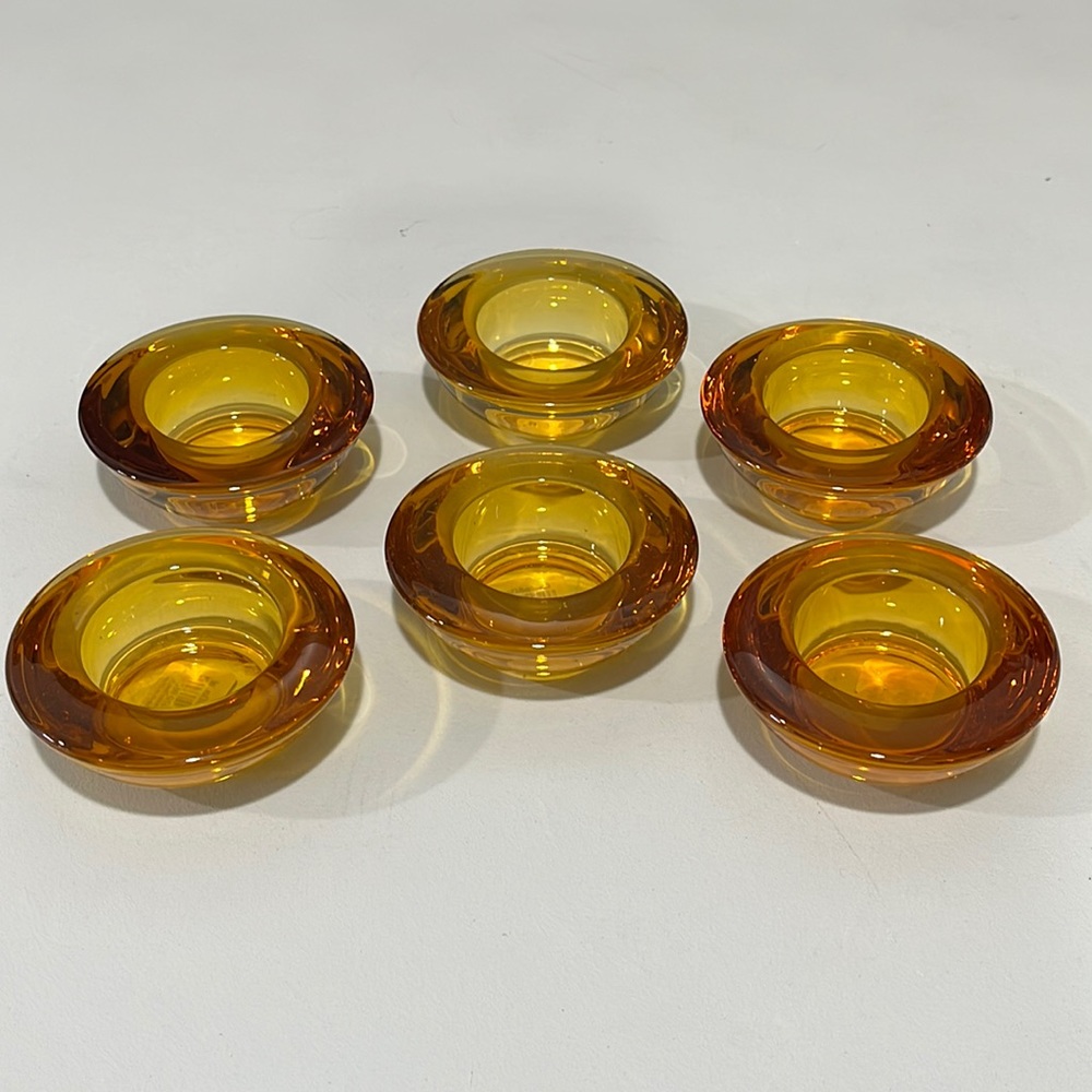 Crate & Barrel Candle Holders Yellow Amber Glass Votive Tealight Set of 6